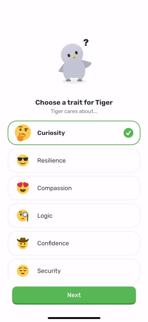 Finch onboarding screen 10: Pick a trait the bird cares about (curiosity, resilience, compassion)