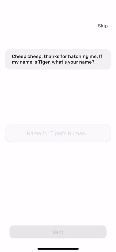 Finch onboarding screen 13: The bird asks your name instead of a form field