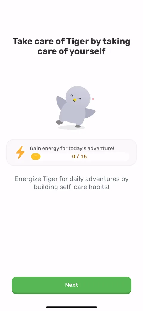 Finch onboarding screen 20: The energy bar (0/15)
