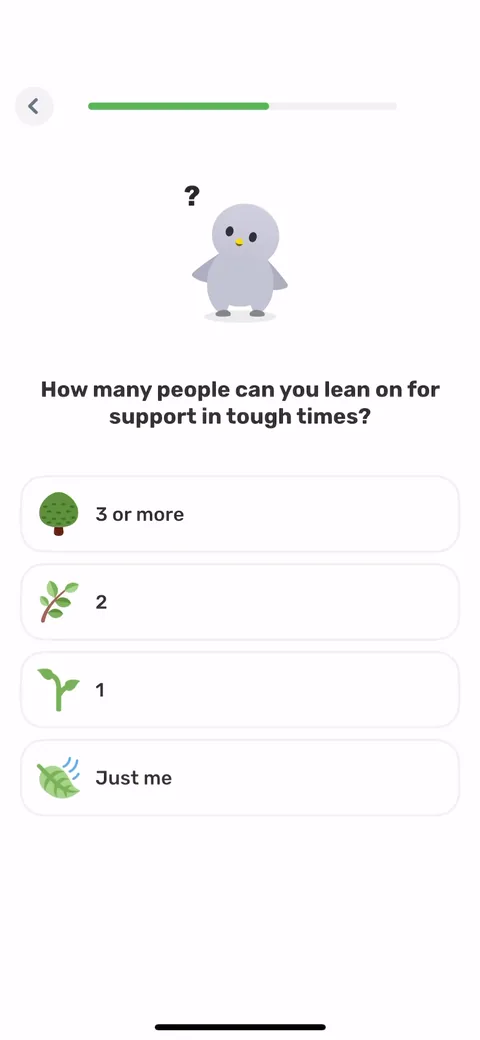 Finch onboarding screen 52: 'How many people can you lean on for support?' with 'just me' as an option