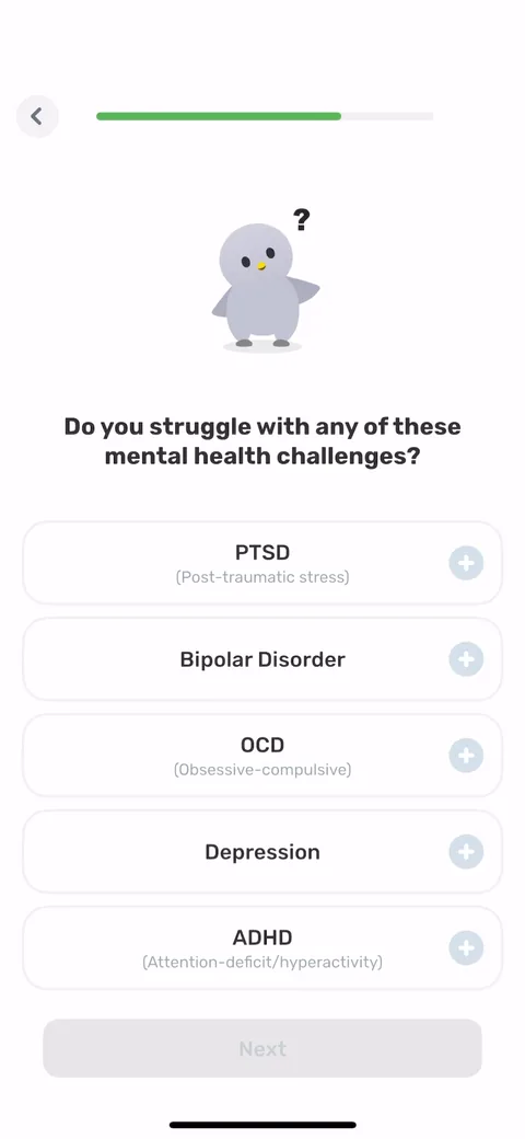 Finch onboarding screen 54: Mental health challenges (PTSD, bipolar, OCD, depression, ADHD, anxiety) with 'prefer not to answer' and…