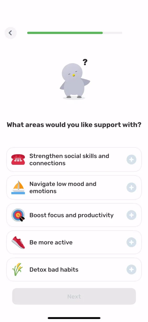 Finch onboarding screen 66: 'What areas would you like support with?' multi-select: social skills, low mood, focus, habits, sleep