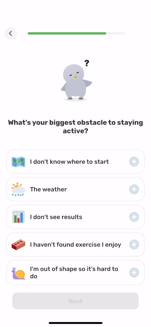 Finch onboarding screen 70: 'What's your biggest obstacle to staying active?' Naming the blocker makes the later plan feel like it's…