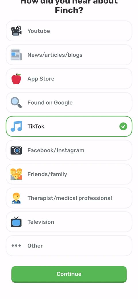 Finch onboarding screen 84: 'How did you hear about Finch?' placed after the paywall