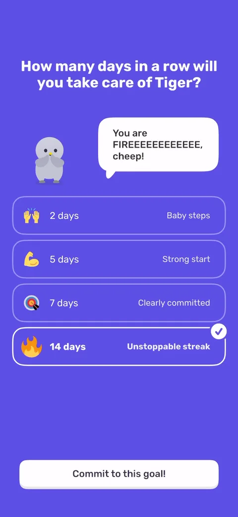 Finch onboarding screen 88: 'How many days in a row will you take care of Tiger?' with 14 days preselected