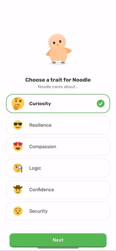 Finch onboarding screen 5: 'Choose a trait for Noodle
