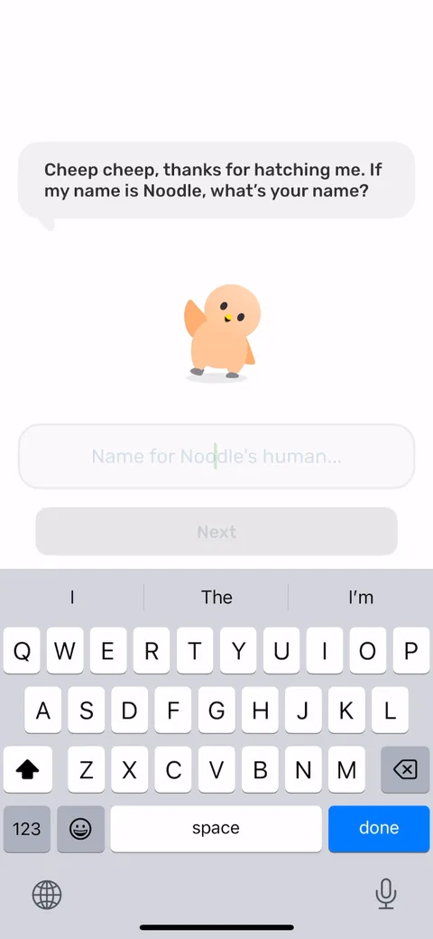 Finch onboarding screen 6: Naming the bird, then it asks YOUR name back in the same chat bubble: 'If my name is Noodle, what's your…