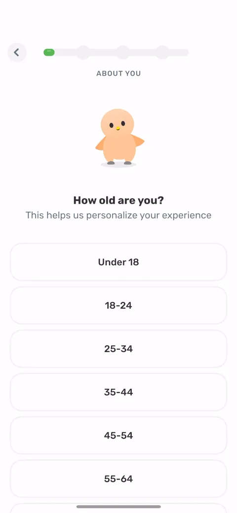 Finch onboarding screen 12: Age as the first quiz question, gated on a soft 'this helps us personalize your experience' justification