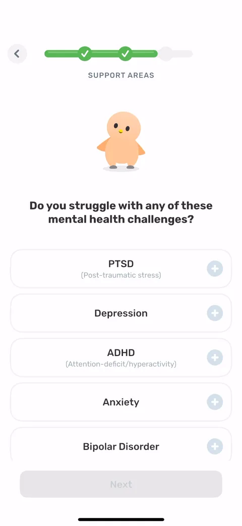 Finch onboarding screen 27: 'Do you struggle with any of these mental health challenges