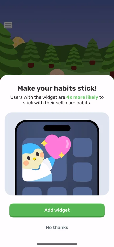 Finch onboarding screen 61: Widget prompt with a stat