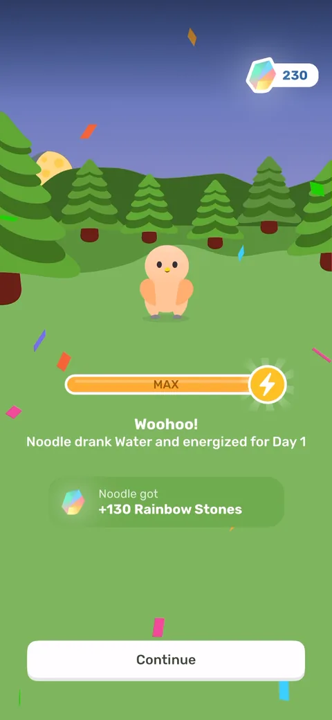 Finch onboarding screen 68: First-completion celebration