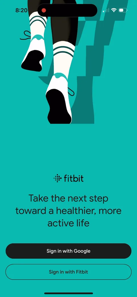 Fitbit onboarding screen 4: 'Take the next step toward a healthier, more active life' with 'Sign in with Google' as the main button and…
