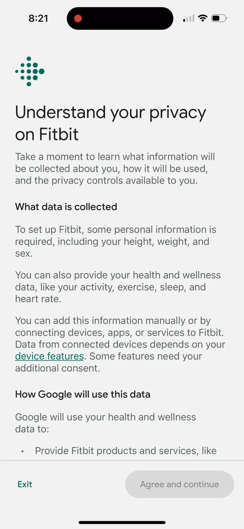 Fitbit onboarding screen 9: 'Understand your privacy on Fitbit.' A long legal read with 'Agree and continue'