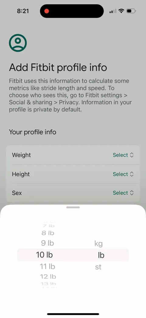 Fitbit onboarding screen 11: 'Add Fitbit profile info': weight, height, sex, 'to calculate some metrics like stride length and speed.' A…