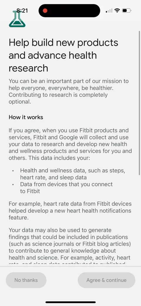 Fitbit onboarding screen 12: 'Help build new products and advance health research.' An opt-in to share your health data for research…