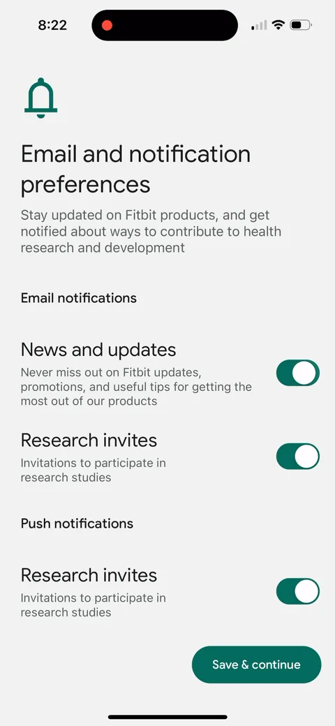 Fitbit onboarding screen 14: 'Email and notification preferences' with News and updates plus Research invites already toggled on