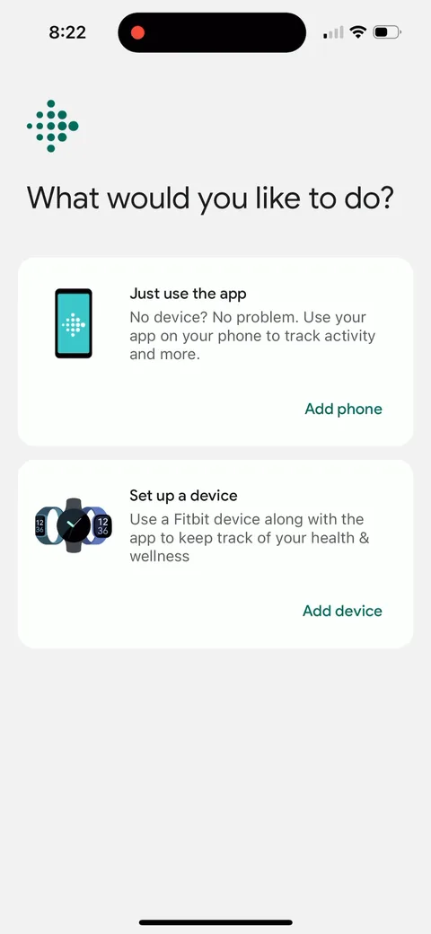 Fitbit onboarding screen 15: 'What would you like to do?' Just use the app ('No device