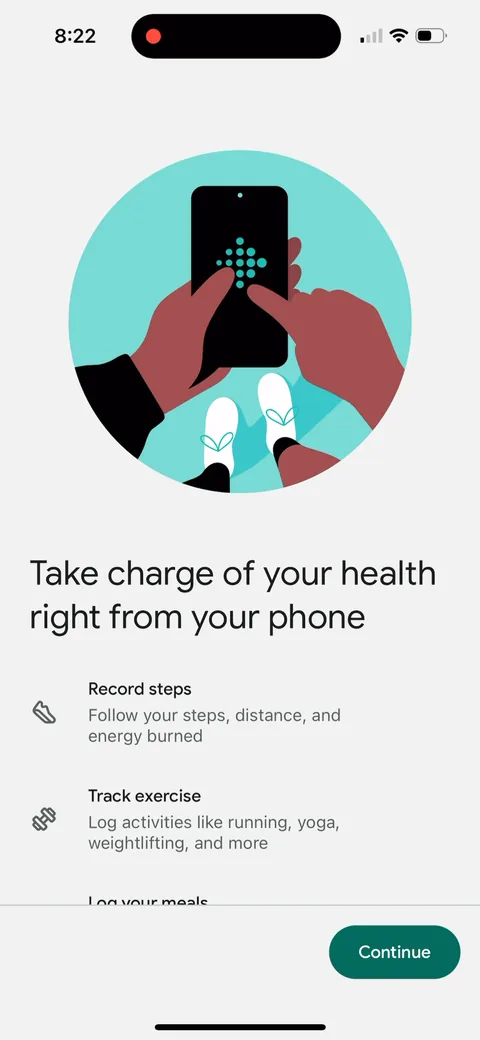 Fitbit onboarding screen 16: 'Take charge of your health right from your phone': record steps, track exercise, log meals, stay social