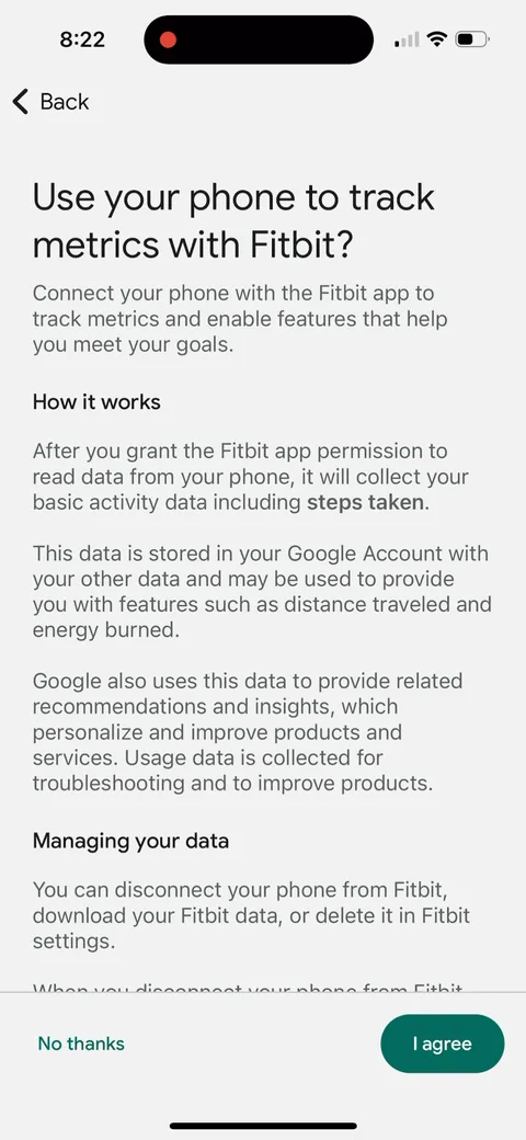 Fitbit onboarding screen 19: 'Use your phone to track metrics with Fitbit?' Another long consent screen, this time for reading activity…