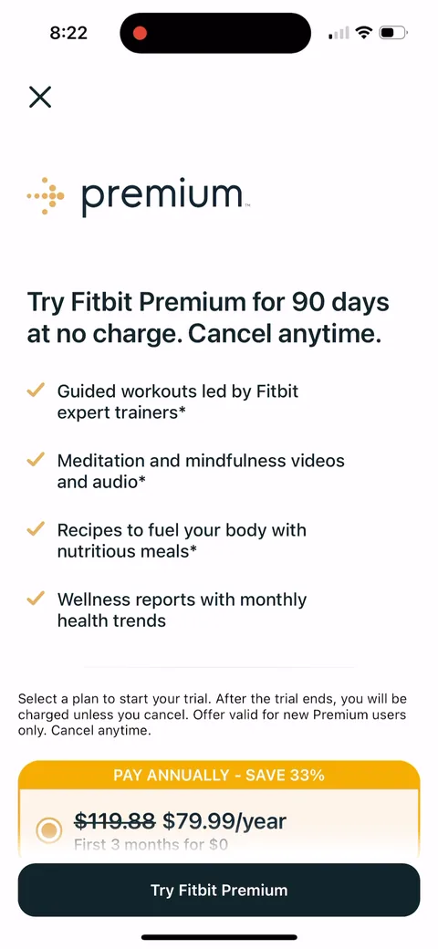 Fitbit onboarding screen 22: 'Try Fitbit Premium for 90 days at no charge