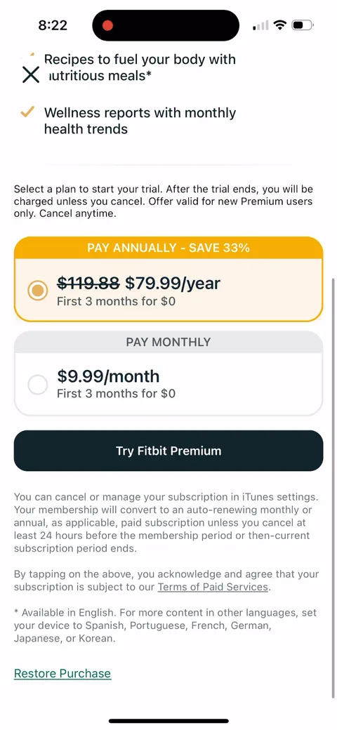 Fitbit paywall with pricing, onboarding screen 24