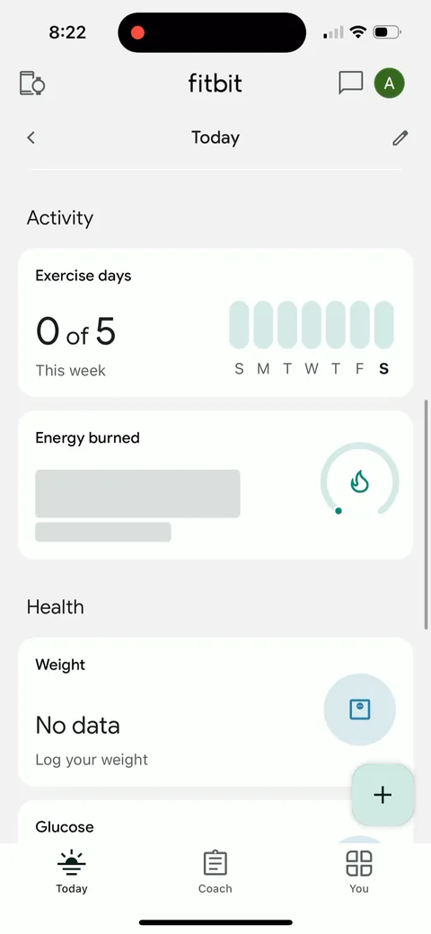 Fitbit onboarding screen 28: The Today dashboard: 'Exercise days 0 of 5', 'Energy burned', 'Weight: No data, Log your weight.' For a…