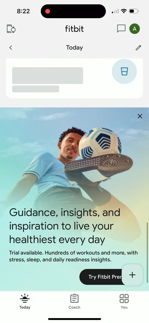 Fitbit onboarding screen 29: A Premium card on the home screen right away: 'Guidance, insights, and inspiration to live your healthiest…