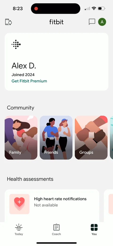 Fitbit onboarding screen 39: The You tab: 'Joined 2024', 'Get Fitbit Premium', Community (Family, Friends, Groups) and 'High heart rate…