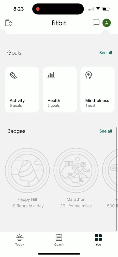 Fitbit onboarding screen 42: Goals (Activity 5, Health 2, Mindfulness 1) and Badges like 'Happy Hill: 10 floors in a day'