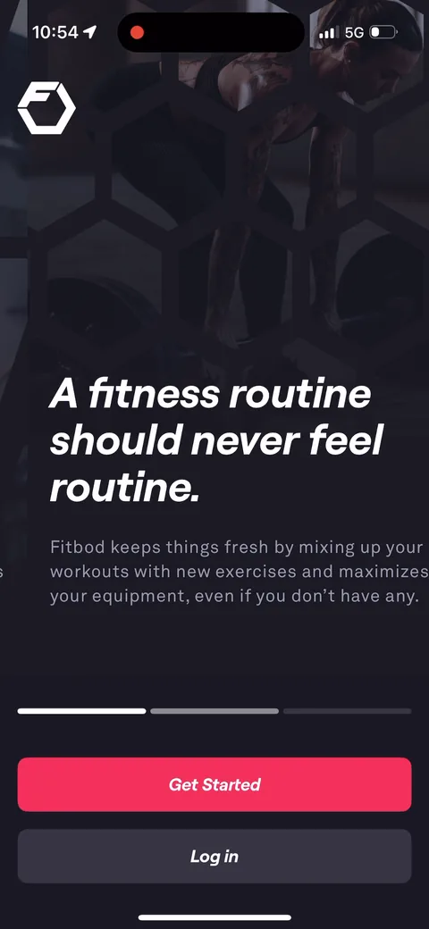 Fitbod onboarding screen 3: 'A fitness routine should never feel routine.' Nice line