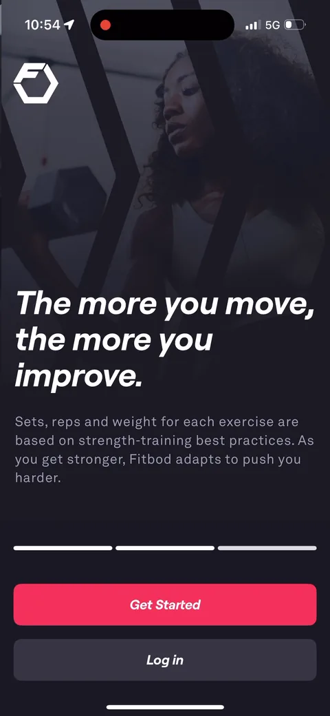 Fitbod onboarding screen 5: 'The more you move, the more you improve.' The third slide explains the adaptive part: sets, reps and weight…