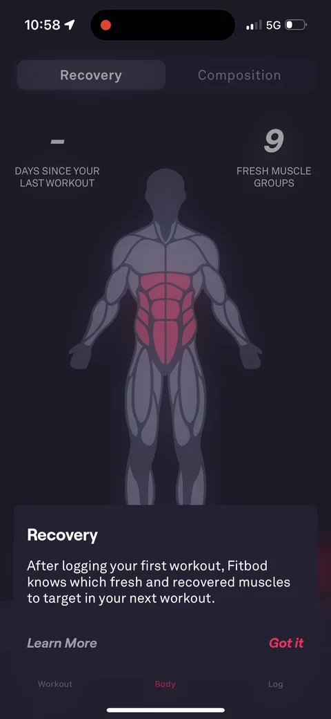 Fitbod onboarding screen 101: The Body tab: Recovery, 'Days since your last workout' and '9 fresh muscle groups', with a tooltip explaining…