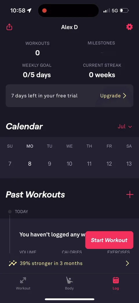 Fitbod onboarding screen 103: The profile shows '7 days left in your free trial' with an Upgrade link