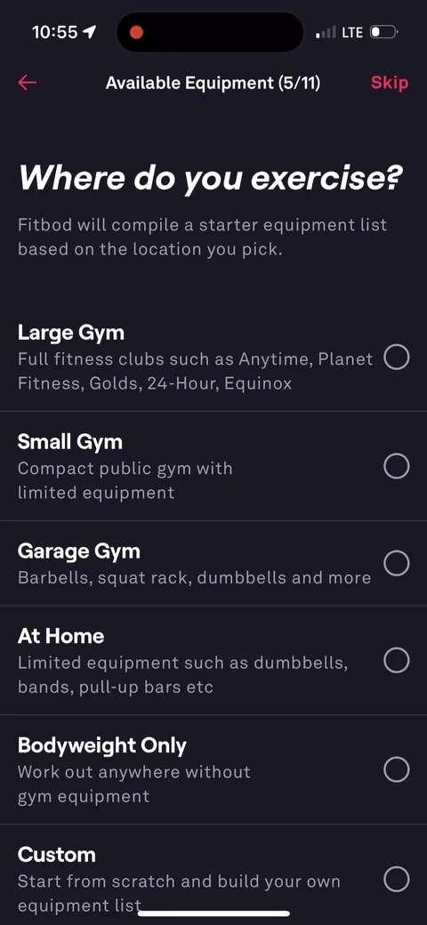 Fitbod onboarding screen 17: 'Where do you exercise