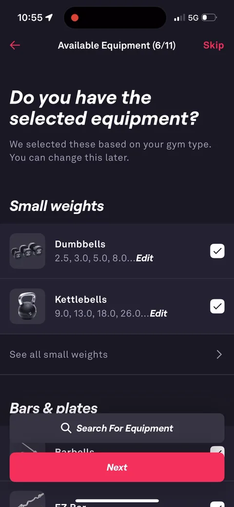 Fitbod onboarding screen 18: 'Do you have the selected equipment