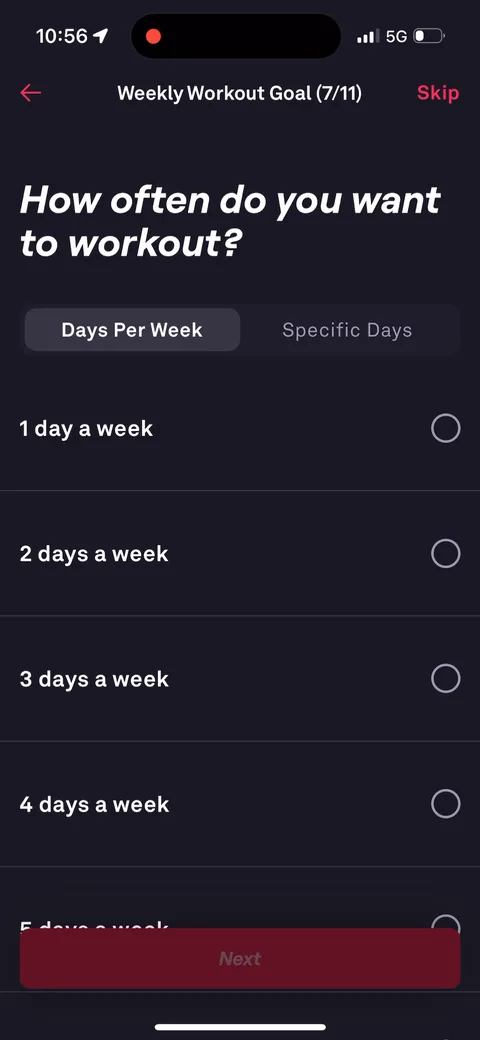 Fitbod onboarding screen 49: 'How often do you want to workout?' with Days Per Week or Specific Days
