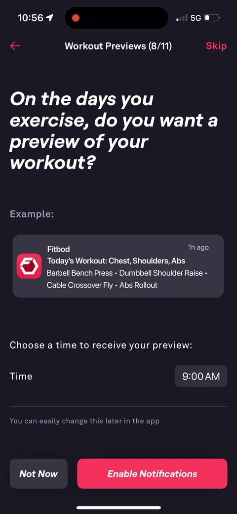 Fitbod onboarding screen 53: 'On the days you exercise, do you want a preview of your workout?' with an example push: 'Today's Workout…