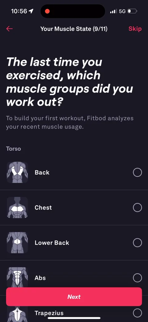 Fitbod onboarding screen 59: 'The last time you exercised, which muscle groups did you work out