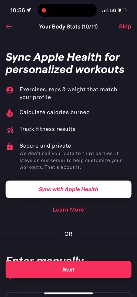 Fitbod onboarding screen 62: 'Sync Apple Health for personalized workouts' with 'Secure and private: We don't sell your data to third…