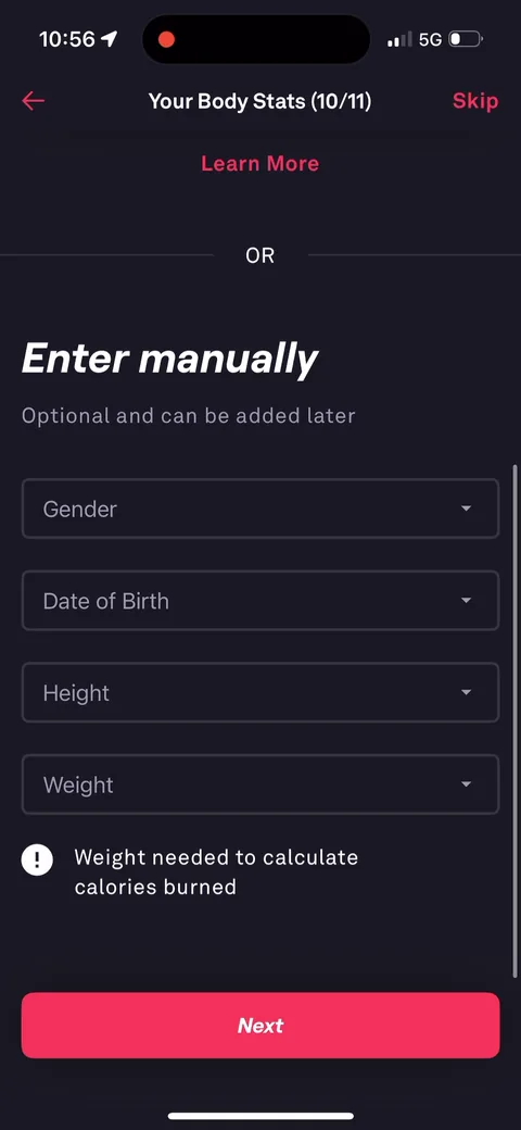 Fitbod onboarding screen 70: 'Enter manually: Optional and can be added later.' Gender, date of birth, height, weight, with 'Weight needed…