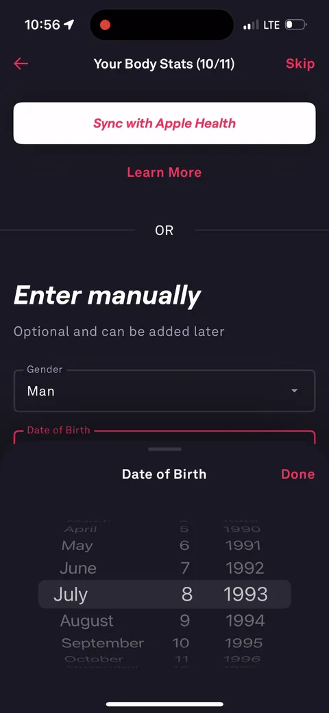 Fitbod onboarding screen 73: Date of birth in the manual body stats