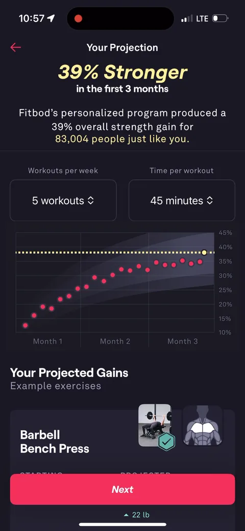 Fitbod onboarding screen 76: 'Your Projection: 39% Stronger in the first 3 months