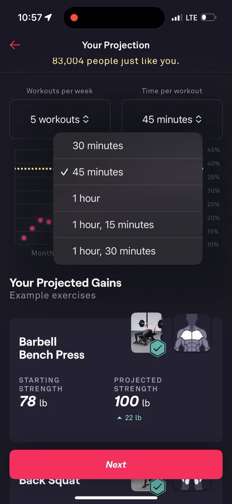 Fitbod onboarding screen 79: Workouts per week and time per workout are dropdowns right on the projection