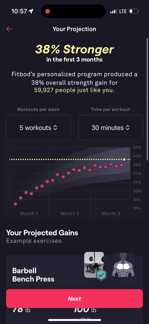 Fitbod onboarding screen 81: Drop time per workout to 30 minutes and the projection updates: '38% Stronger' for '59,927 people just like…