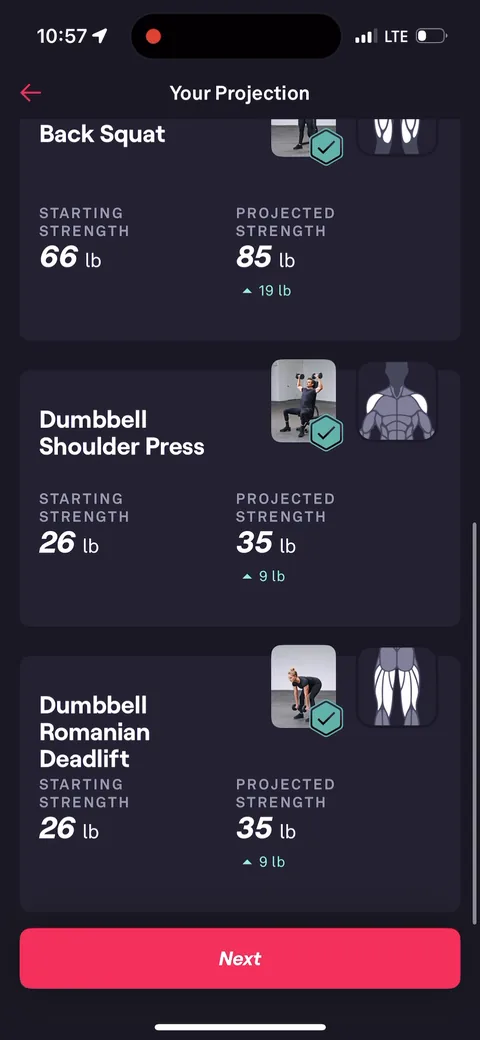 Fitbod onboarding screen 82: Projected strength per exercise: Back Squat 66 lb to 85 lb, Dumbbell Shoulder Press 26 lb to 35 lb