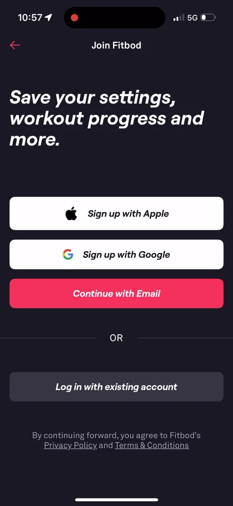 Fitbod onboarding screen 83: 'Join Fitbod: Save your settings, workout progress and more.' Account creation comes after 11 steps of setup…