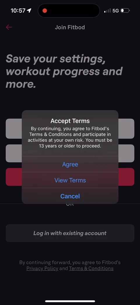 Fitbod onboarding screen 84: An 'Accept Terms' dialog before signup, including 'You must be 13 years or older to proceed.' The legal step…