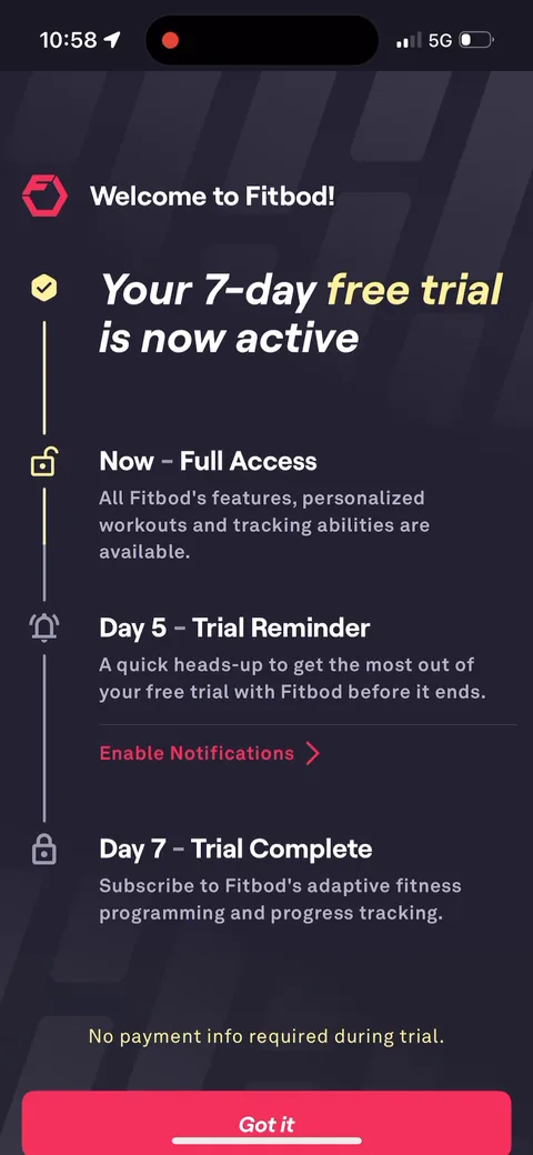 Fitbod onboarding screen 95: No paywall