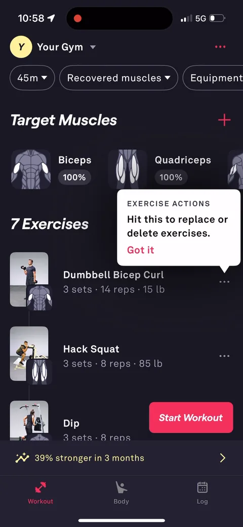 Fitbod onboarding screen 99: You land on a generated workout, not a blank dashboard: 7 exercises with sets, reps and weights, a 'Start…