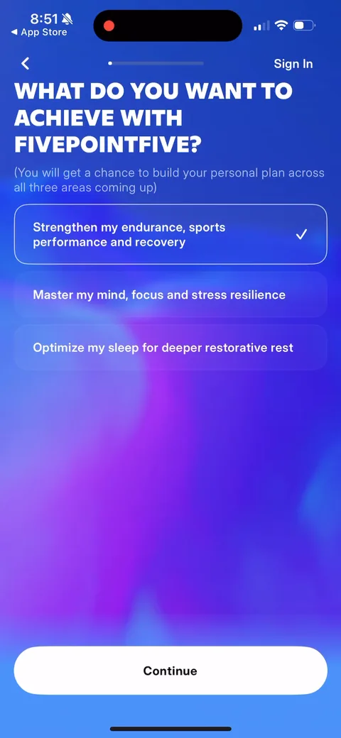 Fivepointfive onboarding screen 5: Three-way goal pick up front: endurance, mind, sleep